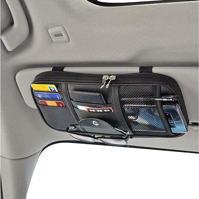 Car Sun Visor Organizer, Multi-Pocket Visor Organizer Storage Pouch for Cars, SUVs & Trucks with Double Zippers, Elastic Bands & Glasses Clip - Organizes Essentials Keep Tidy (Black)