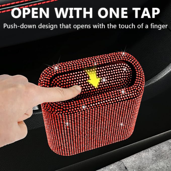 Car Trash Can with Lid, Bling Crystal Mini Vehicle Trash Bin Car Dustbin Garbage Organizer, Automotive Garbage Can Bin Trash Container for Auto Cars, Home, Office - Red …