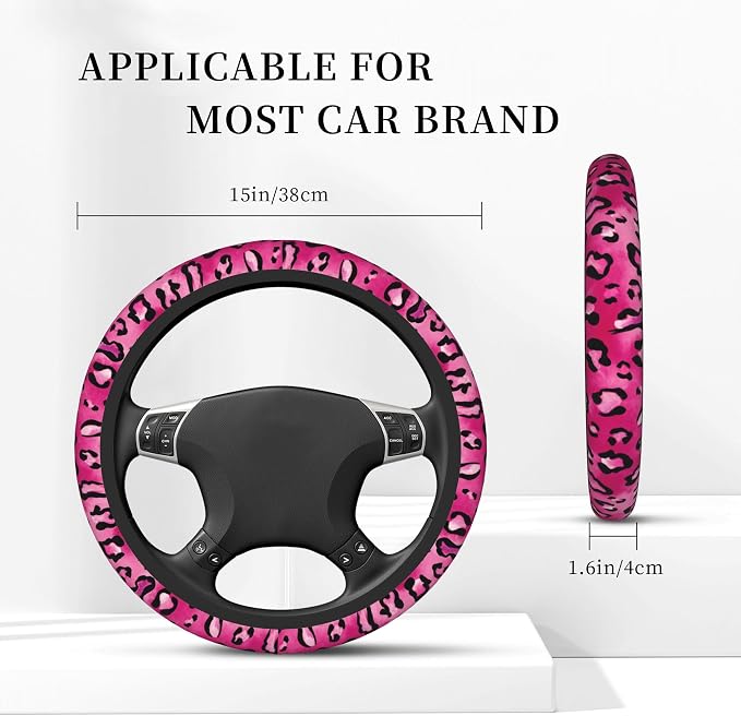 Watercolor Pink Leopard Car Steering Wheel Cover, Non-Slip Absorbing Sweat Car Wheel Cover Accessories for Men Women,Universal 15" Fit Auto SUV Vans Trucks