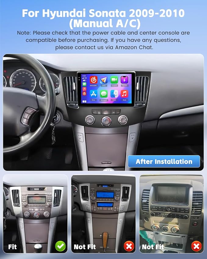 4+64G Android 15 Car Radio for Hyundai Sonata 2009-2010 (Manual A/C), 9" Incell Touchscreen Car Stereo Wireless CarPlay Android Auto, 5GHz WiFi, Bluetooth 5.0, EQ, GPS, 1280 * 720, Backup Camera, SWC