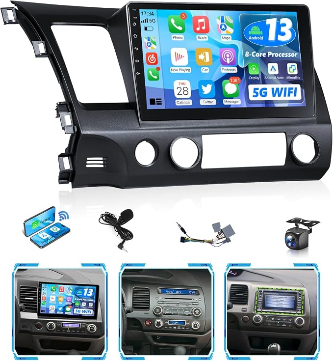 8Core Android Radio for Honda Civic 2006-2011 Wireless Carplay Android Auto, 10.1" IPS Touch Screen for Civic Stereo GPS 5G WiFi FM RDS EQ RDS Mirrorlink SWC, Fit GPS Large Navi Screen