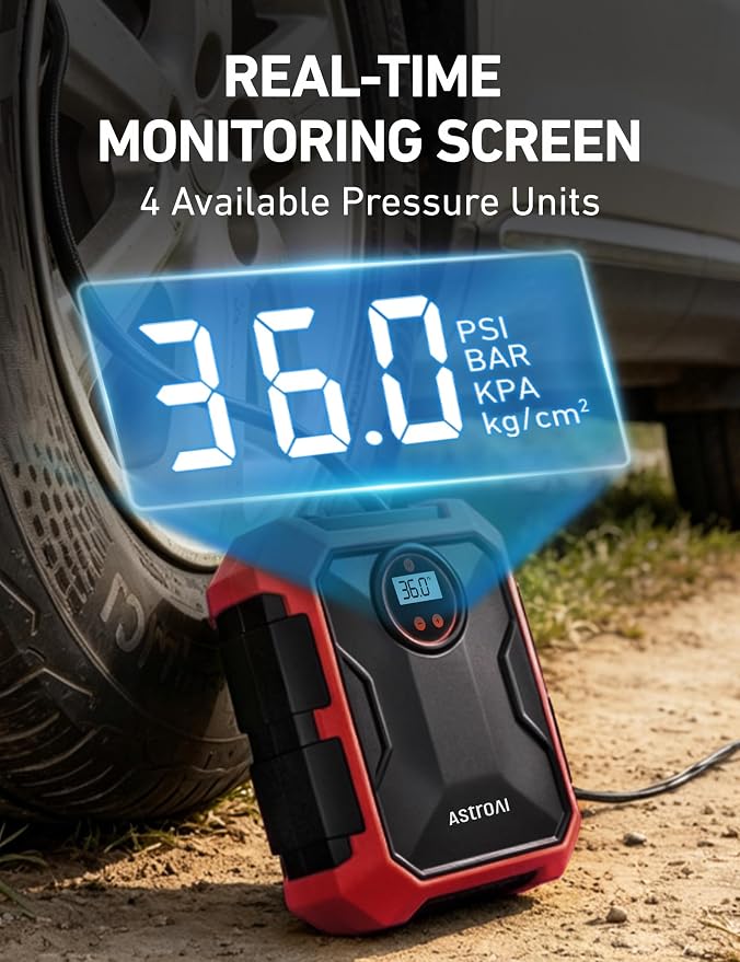 Tire Inflator Portable Air Compressor 12V DC 100PSI, Integrated Storage, Digital Gauge, Auto Shut-Off Fast Inflation LED Light, Air Pump for Car Tires Bike Motorcycle Other Inflatables, Red