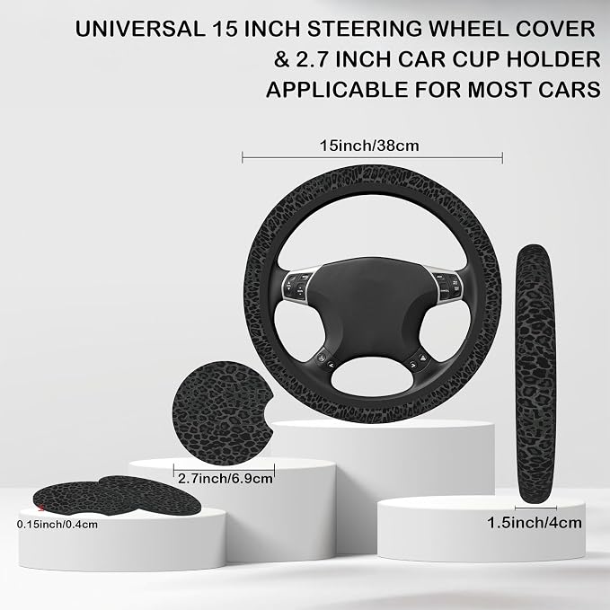 Black Leopard Print Steering Wheel Cover with 2 Pcs Car Coasters Neoprene Steering Wheel Cover for Women Men Anti-Slip Breathable Car Accessories Universal 15 Inch Fit Auto Cars Trucks