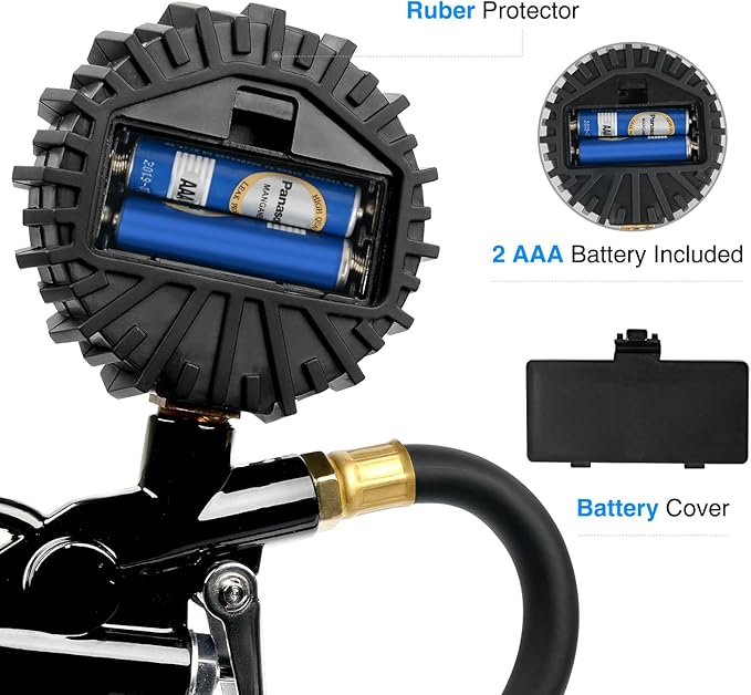 50026R Digital Tire Inflator Pressure Gauge,250 PSI Air Chuck and Compressor Accessories Heavy Duty with Rubber Hose Quick Connect Coupler for 0.1 Display Resolution