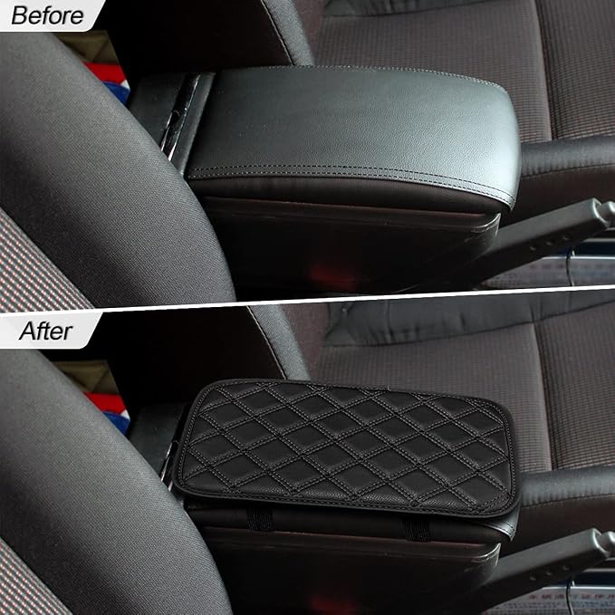 Car Leather Center Console Cushion Pad, 11.4"x7.4" Waterproof Armrest Seat Box Cover Fit for Cars, Vehicles, SUVs, Comfort, Car Interior Protection Accessories (Black-2)