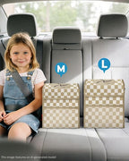 Corduroy Car Trash Can with Lid and Mesh Pockets - Leakproof Organizer,Multipurpose Waterproof Garbage Can/Trash Bin for Car(Khaki Check-3 Gallons)