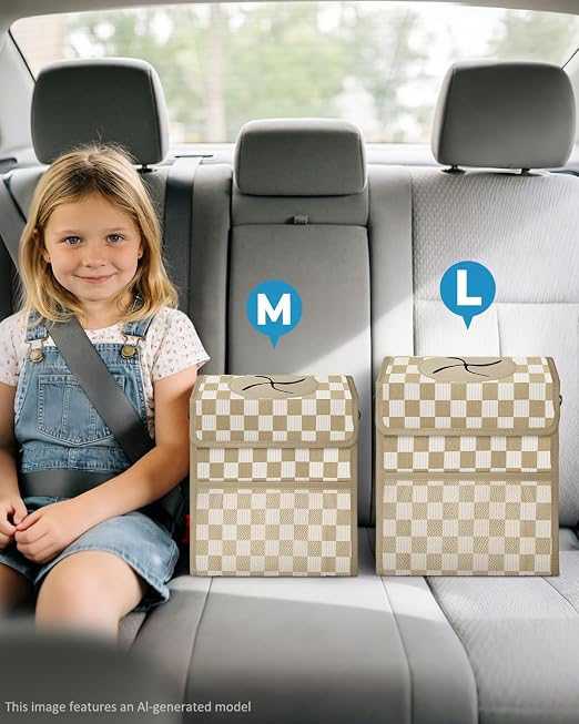 Corduroy Car Trash Can with Lid and Mesh Pockets - Leakproof Organizer,Multipurpose Waterproof Garbage Can/Trash Bin for Car(Khaki Check-3 Gallons)