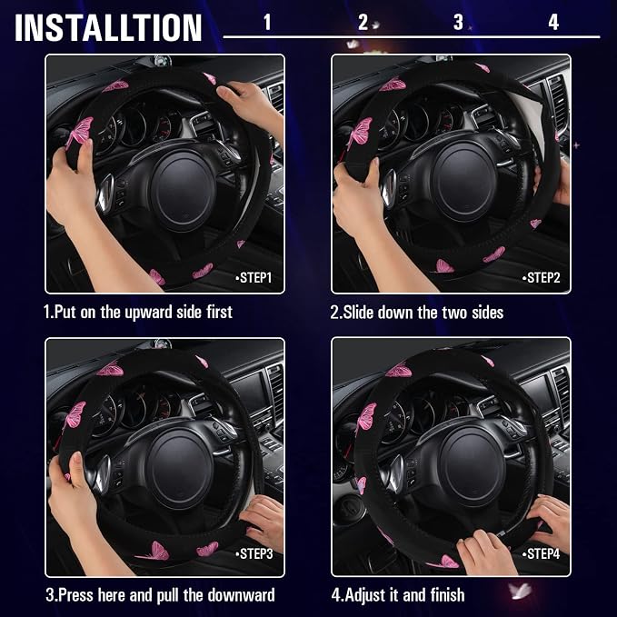 Pink Embroidery Butterfly Steering Wheel Cover, Universal 15 Inch Car Wheel Cover for Women Girls, Fit for Suvs,Small Trucks,Sedans,Cars (Black and Pink)