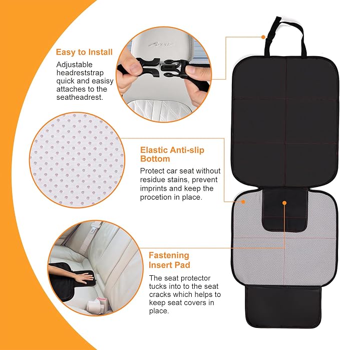 Car Seat Protector, Large Auto Protector for Child Seats with Thickest Padding and Non-Slip Backing Mesh Pockets for SUV, Sedan, Truck, Leather and Fabric - Black
