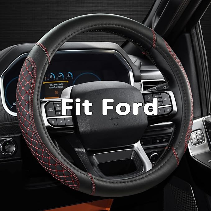 Customized Auto Car Steering Wheel Cover for Ford F-150, F-250, F-350, Expedition(Diamond Quilted - Black+Red)