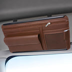 Car Visor Organizer, Leather Multi-Pocket Auto Sun Visor Storage Pouch with Sunglasses Holder, Card Holder, Zipper Pocket, Net Pocket, Pen Slot, Universal Interior Car Accessories (Brown)