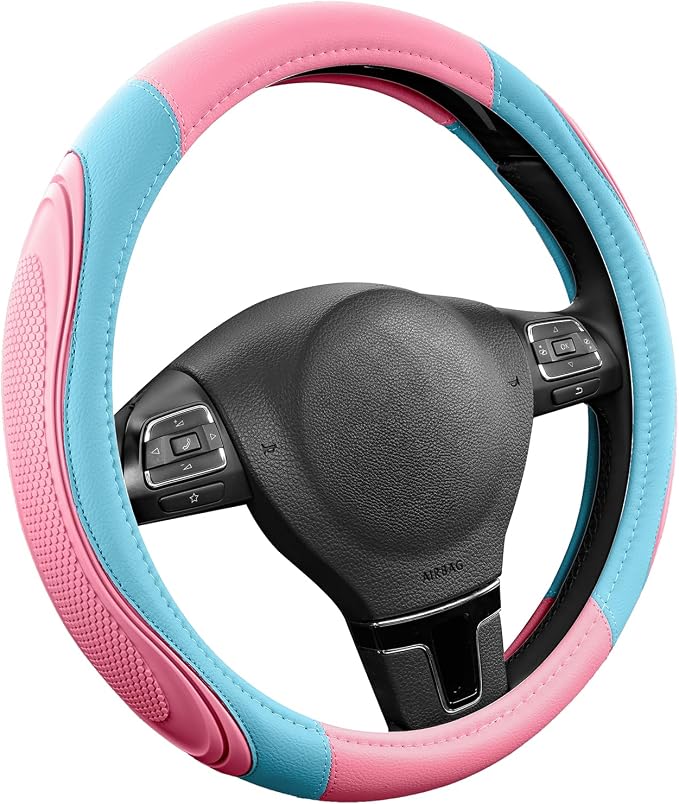 Car Steering Wheel Cover - Microfiber Leather Steering Wheel Wrap Sports 14.5-15 Inch Steering Wheel Cover Non-Slip for Men Women Pink & Blue Color