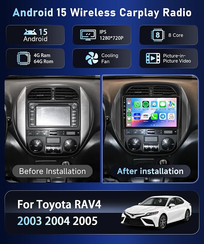 8Core4+64G Car Stereo for Toyota RAV4 2003-2005 Wireless CarPlay/Android Auto Android Radio with Qualcomm 9" IPS Touch Screen,BT5.1,DSP Hi-Res,GPS,SWC,Backup Camera for Toyota RAV4 Radio