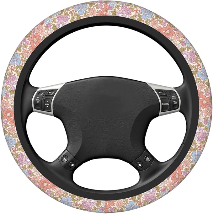Pink Garden Plants Floral Neoprene Steering Wheel Cover Anti-Slip Elastic Steering Wheel Protective Cover 15in Universal Flower Car Accessories Fit Cars, SUVs, Auto
