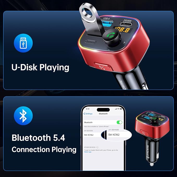 Bluetooth 5.4 FM Transmitter Car Adapter 48W (PD 36W & 12W) [Light Switch] [Hi-Fi Deep Bass] [Fast Charge] Wireless Radio Music Adapter LED Display Hands-Free Calling Support USB Drive, Red