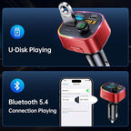 Bluetooth 5.4 FM Transmitter Car Adapter 48W (PD 36W & 12W) [Light Switch] [Hi-Fi Deep Bass] [Fast Charge] Wireless Radio Music Adapter LED Display Hands-Free Calling Support USB Drive, Red