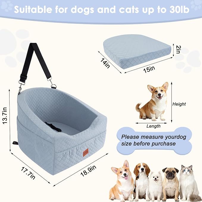 Dog Car Seat for Small & Medium Dogs, Detachable & Washable Booster Seat for Pets Up to 30lbs, Travel Bed with Storage Pockets and Safety Belt – Gray