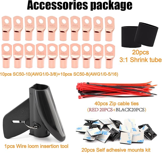 40FT 0 Gauge Wire Copper Clad Aluminum,1/0 Battery Cable Wire,Lugs Terminal Connectors,Heat Shrink Tubing,40FT 1/2 PET Expandable Braided Sleeving,Cable Sleeve