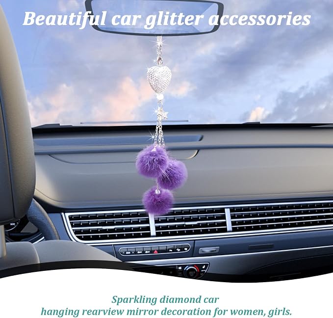 Bling Diamond Heart Car Interior Accessories, Mirror Hanging Ornament for Women, Love Heart & Pink Plush Ball Decor Ornament Pendant, Hanging Decoration Charm Pendant (Purple)