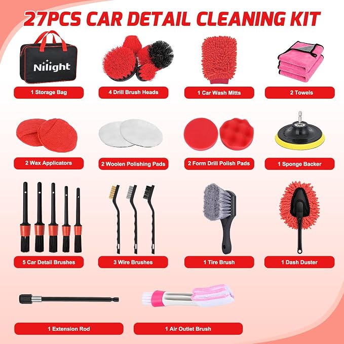27PCS Car Detailing Kit Auto Cleaning Tools Wash Set with Storage Carry Bag Home Use for Interior Exterior Deep Clean Polish Car Care Windshield Dashboard Seat Air Vents Wheels Tires, Red