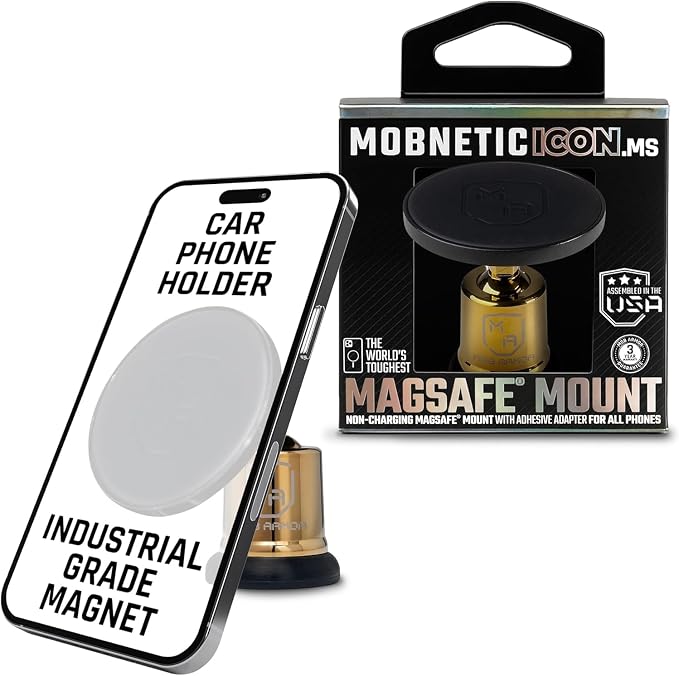 MobNetic Icon.MS MagSafe Compatible Phone Mount, Magnetic Phone Holder for Car w/ 90lb Pull Force, 90º Tilt & 360º Rotation, Aluminum Build, Compatibility for iPhone & Android (Gold)