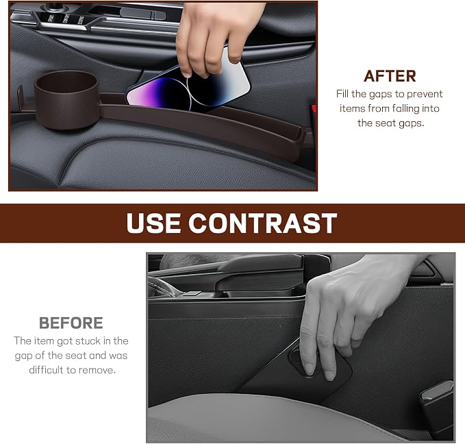 2PCS Car Seat Gap Filler Organizer, Multifunctional Vehicle Seat Side Gap Filler with Organizer & Cup Holder, Automotive Seats Crevice Stopper Gaps Plug, Universal Car Accessories (Brown)