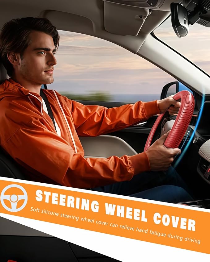 Car Steering Wheel Cover, Thin Anti-Skid Silicone Steering Wheel Cover for Men & Women, Universal Automotive Interior Accessories for Most Cars (Red)