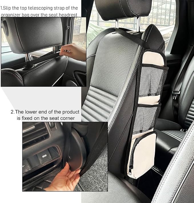 Car Seat Side Storage Pocket, Car Multifunctional Seat Organizer Hanging Bag, Auto Mobile Phone Wallet Sunglasses Mesh Net Pocket, Auto Accessories for Cars SUVs Trucks (Beige, 2PCS)