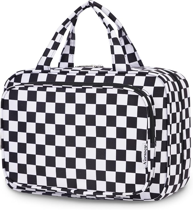 Travel Toiletry Bag for Women Large Hanging Makeup Bag Organizer Toiletries Bag for Full Size Essentials Accessories Cosmetics (Black Checkerboard (Large))