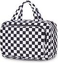 Travel Toiletry Bag for Women Large Hanging Makeup Bag Organizer Toiletries Bag for Full Size Essentials Accessories Cosmetics (Black Checkerboard (Large))
