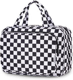 Travel Toiletry Bag for Women Large Hanging Makeup Bag Organizer Toiletries Bag for Full Size Essentials Accessories Cosmetics (Black Checkerboard (Large))