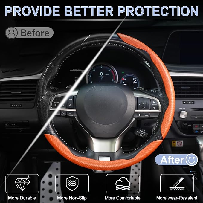 3pcs Carbon Fiber Anti-Skid Steering Wheel Cover, Waterproof & Segmented Butterfly Design, Universal 99% Vehicle Wheel Cover Protector, Car Interior Accessories (Orange-3pcs)
