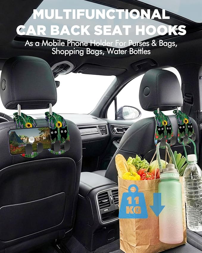 Purse Holder for Car, 2 Pack Heavy Duty Purse Hanger for Car, PU Leather Car Seat Hooks for Purses and Bags, Cute Cat Headrest Organizer for Handbags & Backpacks