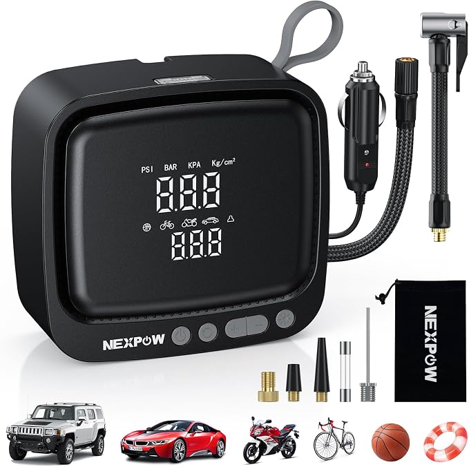 Tire Inflator Portable Air Compressor, 150PSI 12V DC Air Pump with Dual Digital Pressure Gauge & Auto Shut-Off, Air Compressor Portable with LED Light for Car, Motorcycle, Bicycle, Ball, Gray