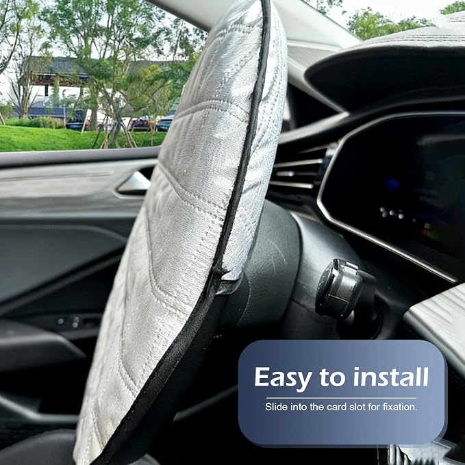1 PC Steering Wheel Sunshade Cover, 16.93" Slip-on Steering Wheel Heat Shield Protector, Foldable Portable Anti-Scalding Cooling Driving Handle Sun Cover, Universal for Most Cars (Silver)