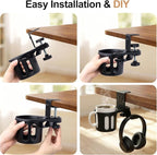 360° Rotating Cup Holder wiht Hook Under Desk Anti Spill Space Saving for Home Office Camping