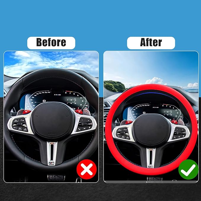 JDDRY Silicone Steering Wheel Protector,Universal Fit Auto Steering Wheel Cover(Red,1PC)