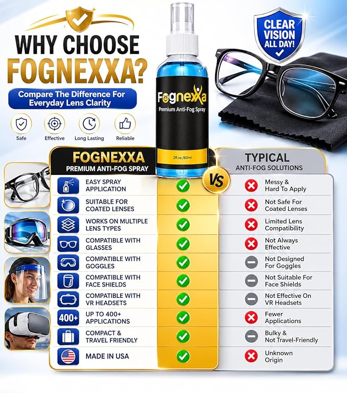 2fl Oz Fognexxa Premium Anti Fog Spray for Glasses, Goggles, VR Headsets & Face Shields, 24 Hour Fog Protection, Safe for Coated Lenses, 400+ Applications, Made in USA