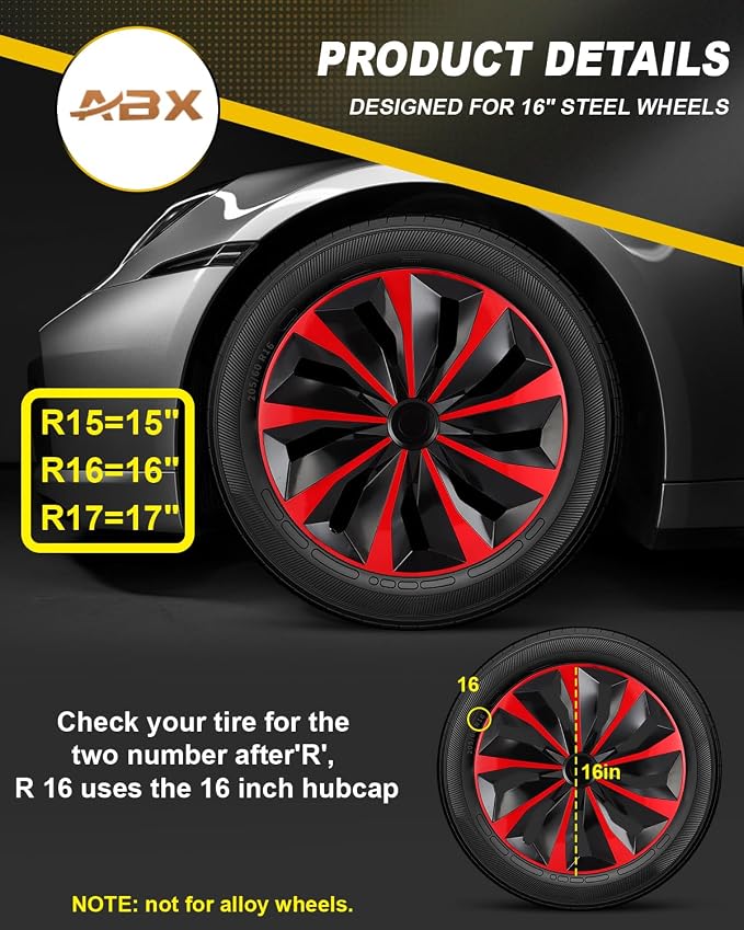Hubcaps,16 inch hubcaps Set of 4, Wheel Rim Cover ABS Material, Snap On Car Truck SUV Replacement, for Toyota Camry Nissan Mazda etc, Black & Red