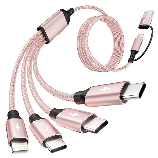 4 in 2 Multi Charging Cable,USB A/C Splitter Multi Charging Cable with 3 X Type-C,1 X IP,Upgrade 2026 Travel Holiday Essentials Phone Charger Cord for iPhone 17/16/15/14,Car Accessories for Women,Pink