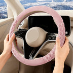 Cherry Blossom Pink Diamond Patterned Plush Steering Wheel Cover, for Universal Auto Steering Wheel 14.5-15 in, Short Fluffy, Anti-Slip, Soft Plush, Comforting and Luxurious, Odorless, Soft Texture