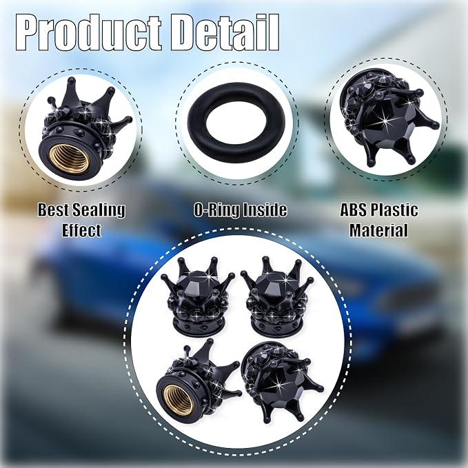 4PCS Crown Bling Tire Stem Valve Caps, Crystal Diamond Car Wheel Tire Valve Caps Universal Copper Core Stem Covers for Cars, SUV, Trucks, Bikes, Motorcycles, Bicycles (Black)