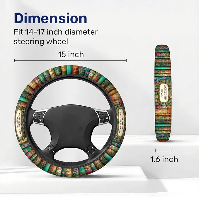 Vintage Classic Books Steering Wheel Cover, Polyester Car Wheel Grip, Universal 15 Inch for Cars SUVs Trucks