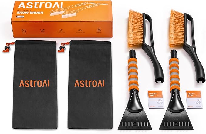 2 Pack 27" Snow Brush and Ice Scrapers for Car Windshield, Detachable Snow Scrapers with Ergonomic Foam Grip for Cars, Trucks, SUVs (Heavy Duty ABS, PVC Brush, Orange)