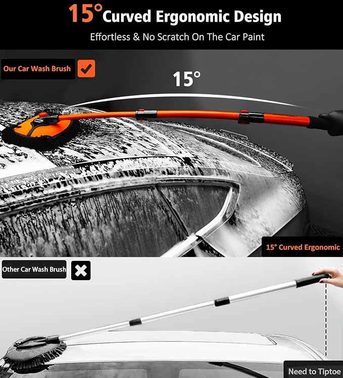 Car Wash Brush, 43" Extendable Car Wash Brush Mop with Long Handle, 15 Degree Curved Soft Car Washing Brushes with Extra Microfiber Brush Head for Truck SUV Cleaning, Orange