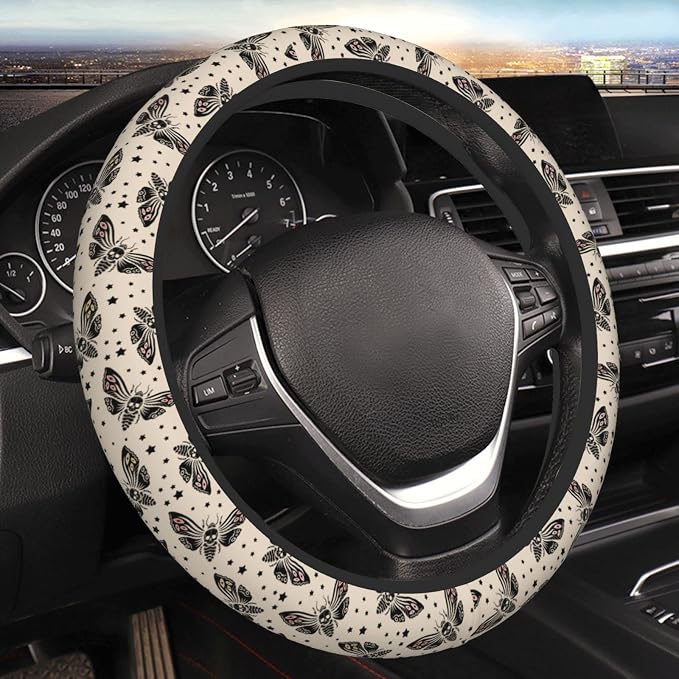 Gothic Moth Steering Wheel Cover Non-Slip Auto Steering Wheel Protector Car Accessories Universal Fit 15 Inches for Men Women