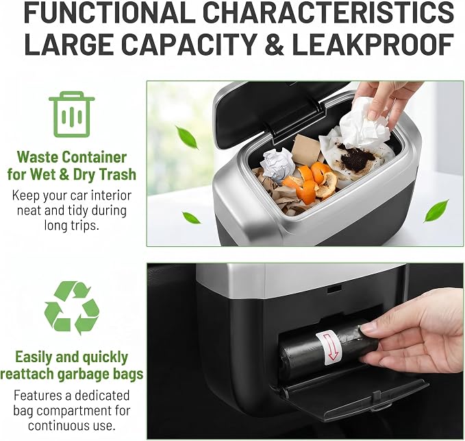 Car Trash Can with Lid, Waterproof Push-Open Garbage Box with 30 Trash Bags, Portable Hanging Door Side Storage Bucket, Large Capacity Organizer for Most Cars Trucks Vans (Silver)