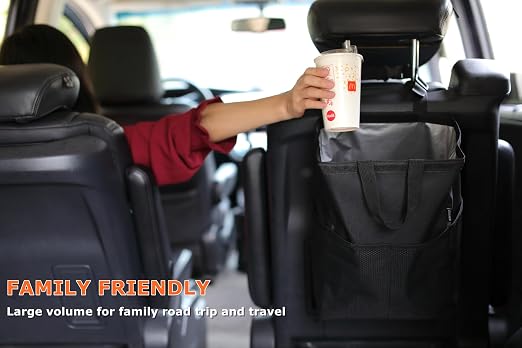 New Leak-Proof Travel Car Trash Bag, 3.5 Gallons Large Capacity Hanging Car Trash Can with Hook and Loop Lid and Handle, Multipurpose Trash Bin with Storage Pockets for SUV RV Camping (Black)