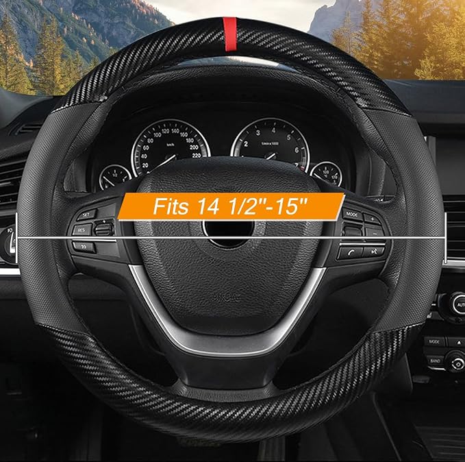 Carbon Fiber Steering Wheel Cover for Men, Universal 15 inch Leather Car Steering Wheel Cover, Anti-Slip & Breathable, Microfiber Leather Automotive Accessories, Sporty Design, Black