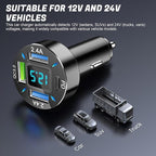 4-Port Car Charger, 12-24V Cigarette Lighter Adapter with 3 USB & 1 USB-C Port, Supports QC/PD Fast Charging, Features Digital Display and LED Lights, Fits iPhone, Fits Samsung and More Phones